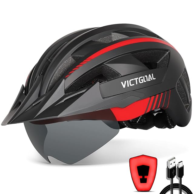 Victgoal Mountainbike-Helm mit angesetzter magnetischer Brille und sichtbarer LED hinten