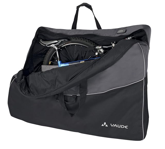 VAUDE Big Bike Bag in Schwarz, flach ausgelegt und geöffnet