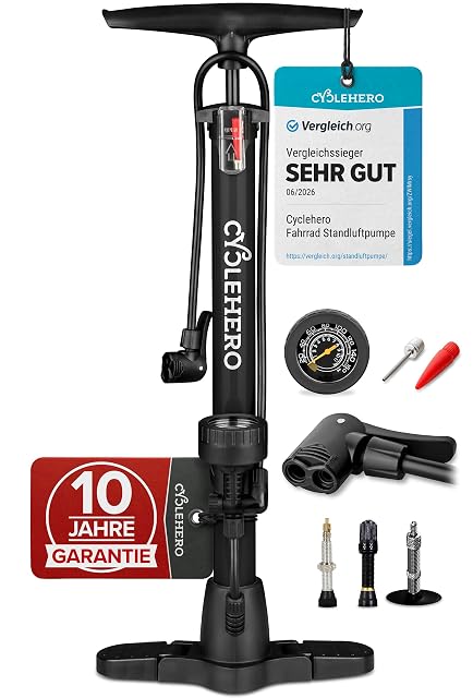 CYCLEHERO Standpumpe mit breitem Fuß und Klappmechanik, Schlauch verstaut