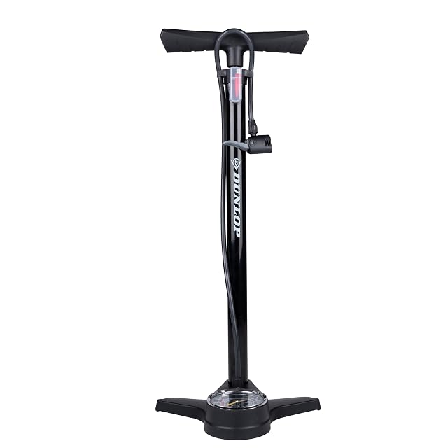 Dunlop Standpumpe mit Manometer im Fuß, Schlauch und durchsichtiger Adapterbox